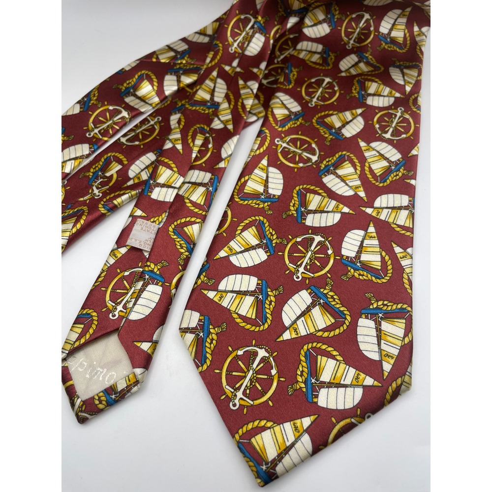 Scappino Italy Mens Silk Tie Burgundy Nautical Sailboat Anchor Ship Wheel Italy